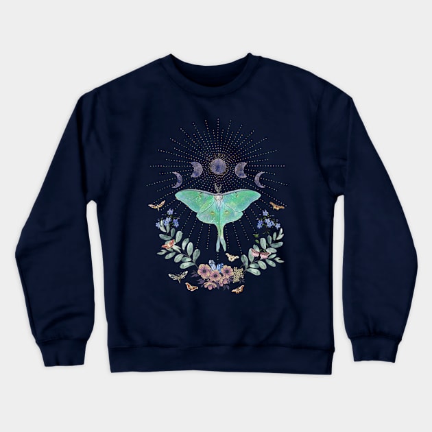 Luna Moon Moth with Flowers Crewneck Sweatshirt by MugDesignStore